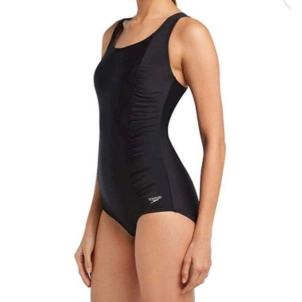 Speedo Womens Small One Piece Swimsuit Shirred Tank Black Swimming NEW